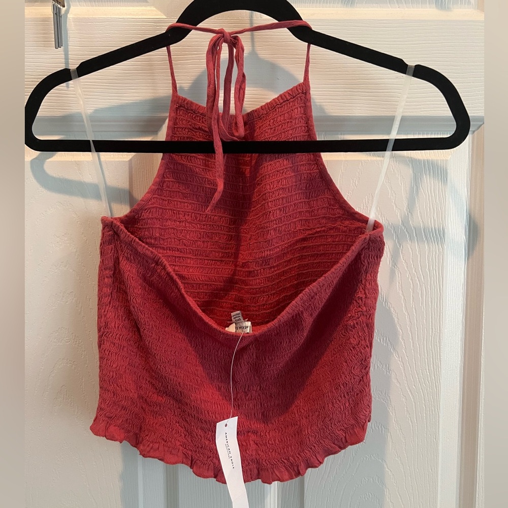 American Eagle NWT Dark Pink Smocked Halter Top Size Small - Picture 3 of 7